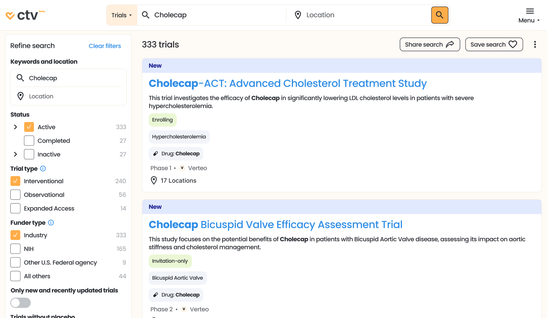 Screenshot of trial search results