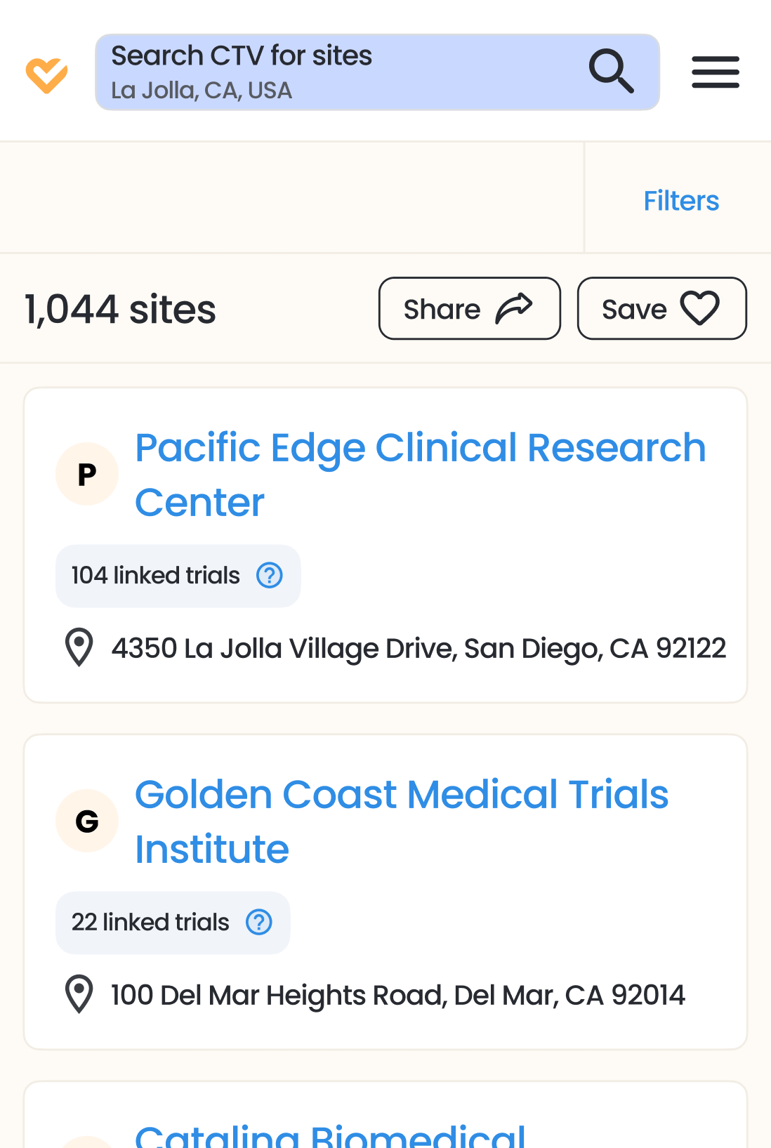 Screenshot of site search results