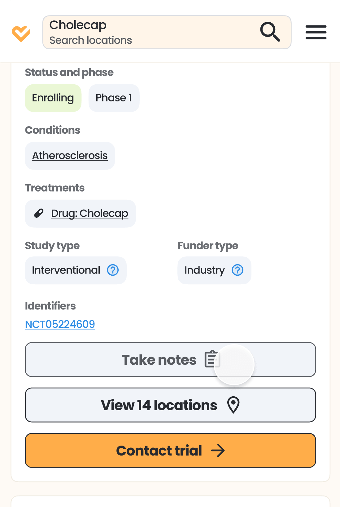Screenshot of trial notes button